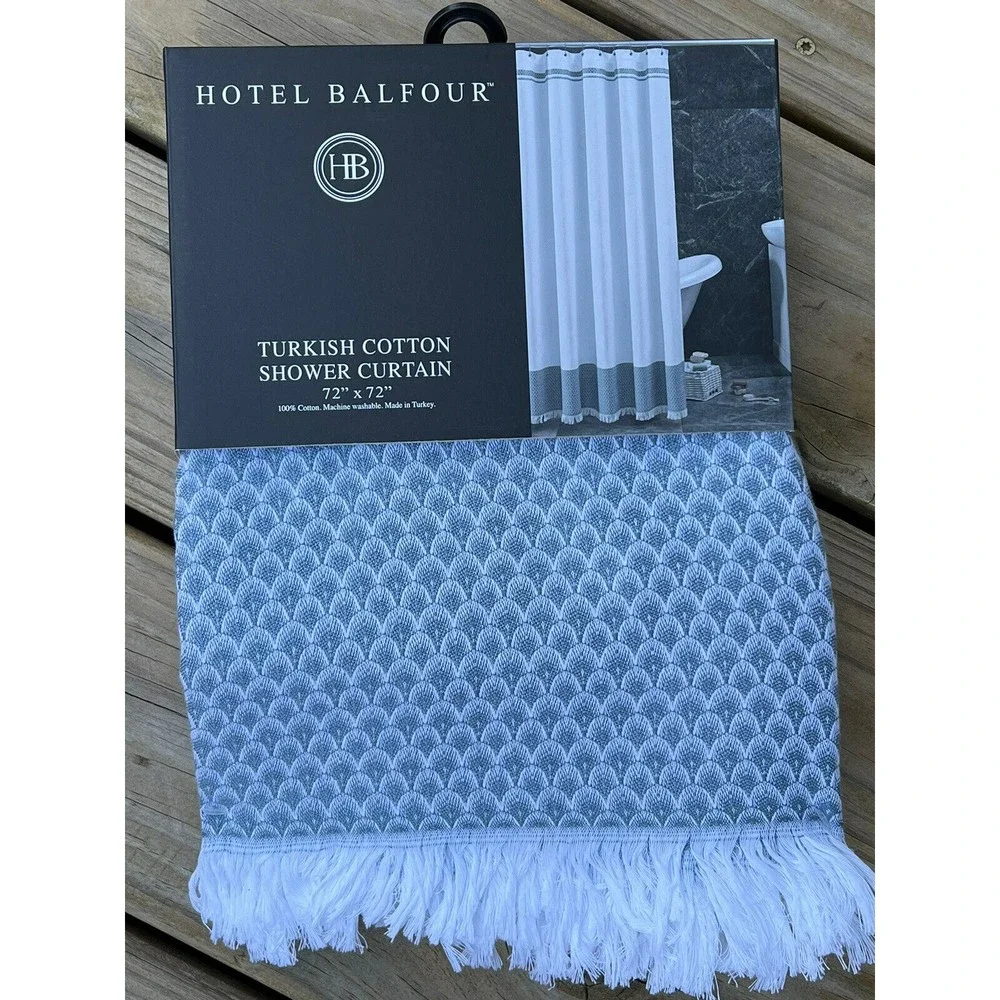 Hotel Balfour 100% Turkish Cotton White Shower Curtain Spa Blue Border W/ Fringe